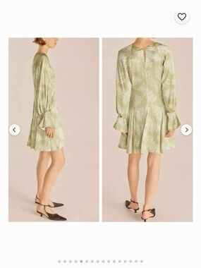 Rebecca Taylor Sage Green Floral Long-Sleeve A-Line Dress